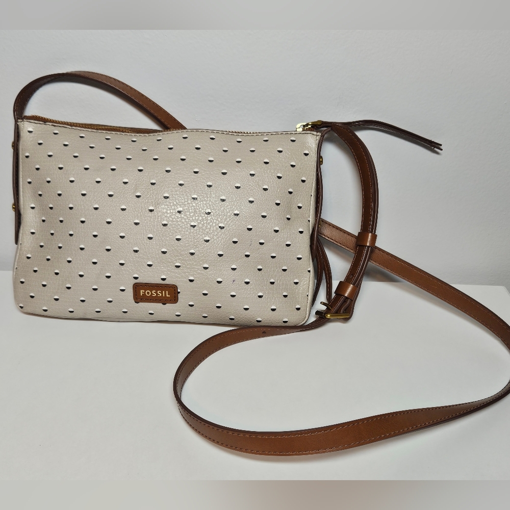 Fossil Polkadot Crossbody Bag, Taupe w/ Black/White Polkadots